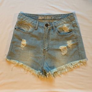 Machine distressed hi-waist denim shorts 30
